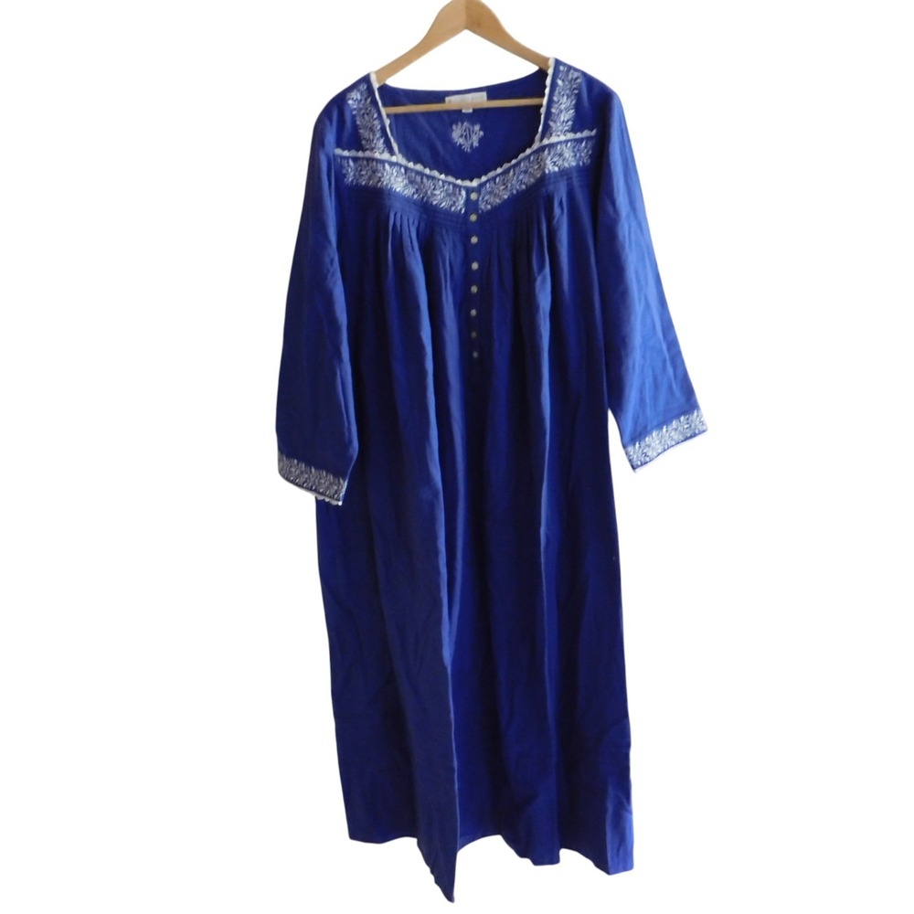 Eileen West Blue Cotton Flannel Long Sleeve Ballet Nightgown Size XL
